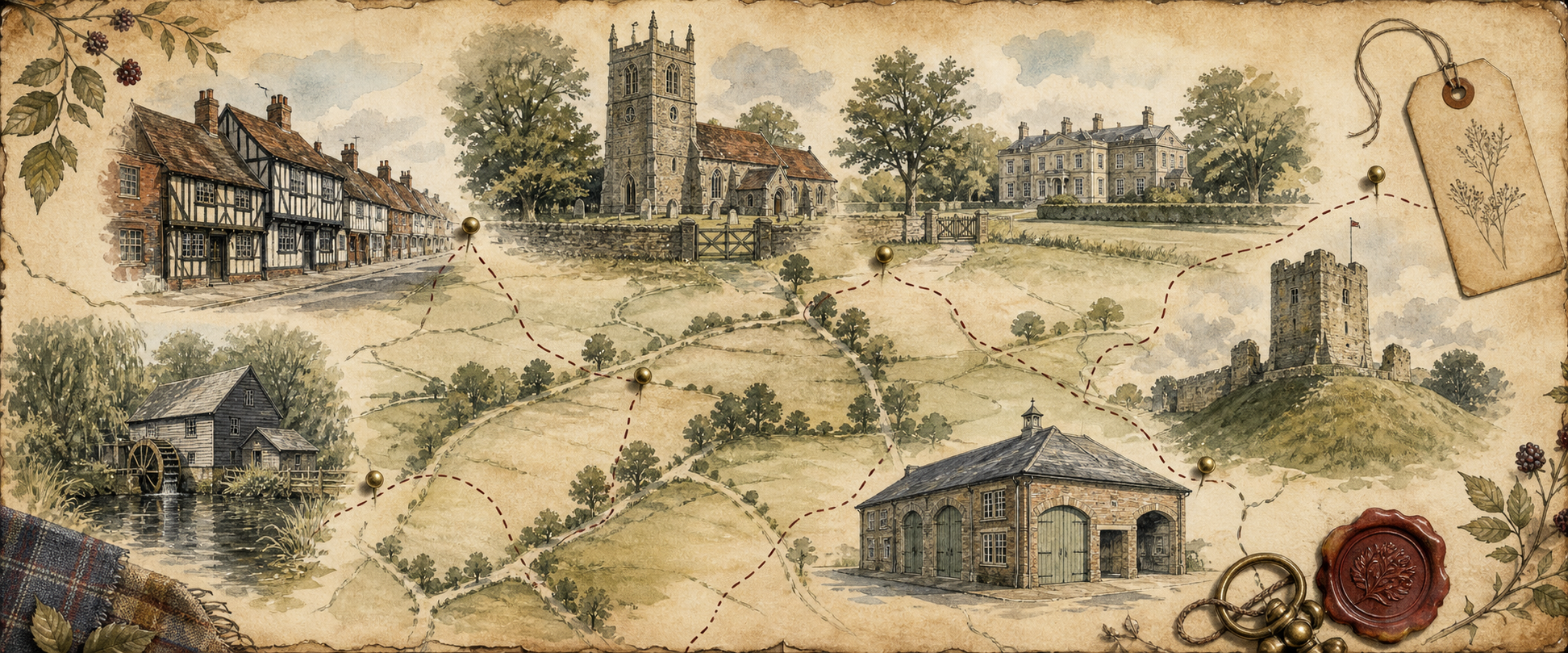 Illustrated archival map of an East Anglian trail linking a timber-framed village, church, country hall, castle and mill